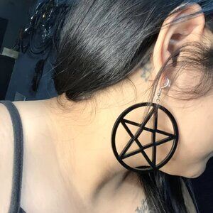 Earrings Large Black Pentagram Circular Dangle Exaggerated Pagan Wicca Astrology